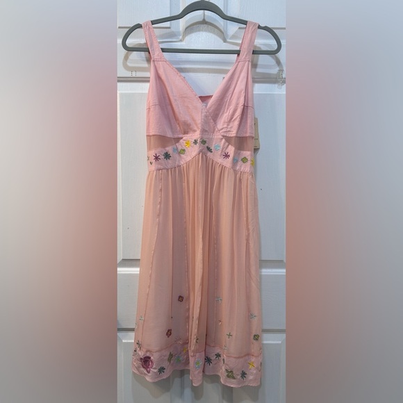 Lapis Dresses & Skirts - NWT Lapis Embroidered Pink Silk Dress Sz S Feminine Fairy Wedding Guest Side Zip